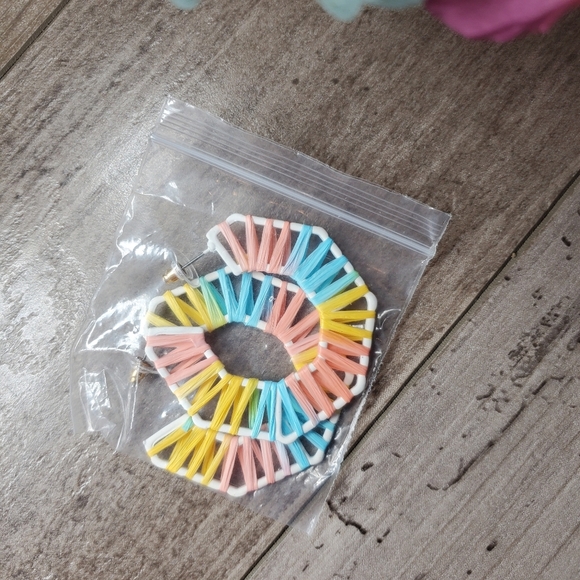 NWT Pastel Octogonal Raffia Open Hoop Earrings Purple Blue Green Orange Yellow - Picture 11 of 11